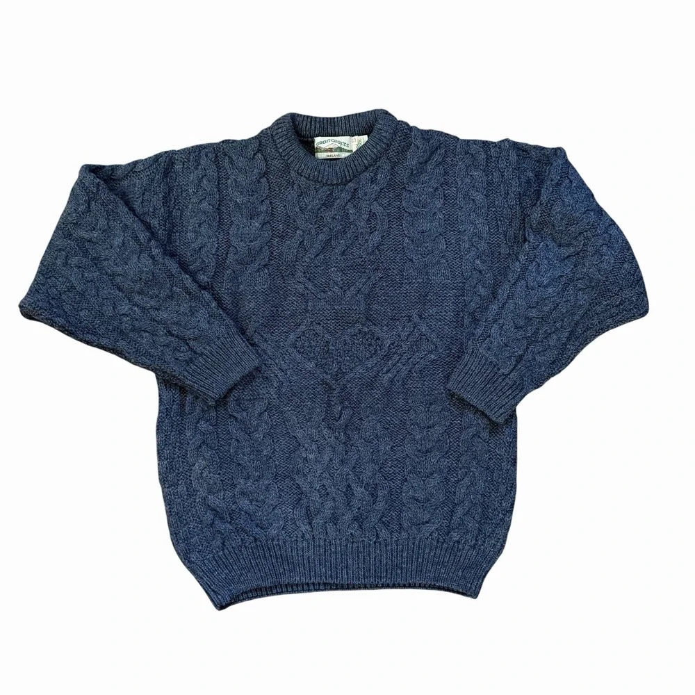 Vintage Aran Crafts Womens 100% Wool Sweater S Navy Cable Knit Ireland Fisherman